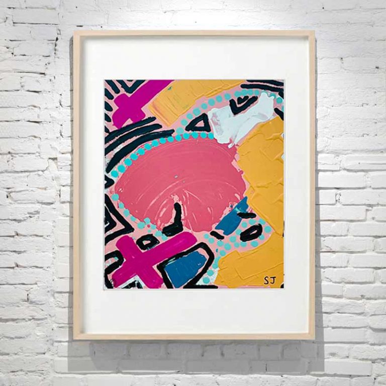 Abstract Line Dot Painting with bright colours in Birch Frame Titled Australiana IV By Australian Artist Sarah Jane