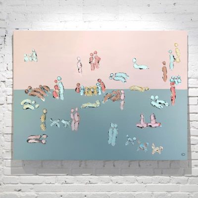 Abstract Nature Painting People Seaside at Sunset - pink and blue - Titled We Are One III - Artist Sarah Jane