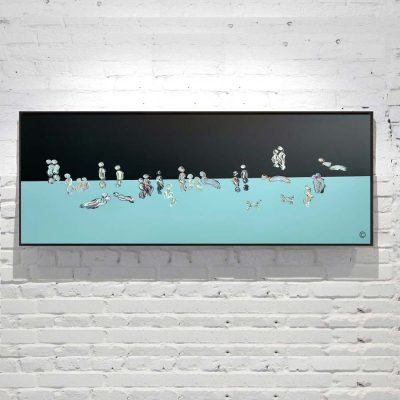 Abstract Painting People on beach at Night - black and aqua - Titled We are One VIII - Artist Sarah Jane