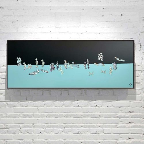 Abstract Painting People on beach at Night - black and aqua - Titled We are One VIII - Artist Sarah Jane