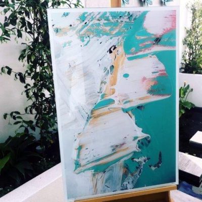 Aqua and white abstract glass print - Feathers LIIIc By Artist Sarah Jane