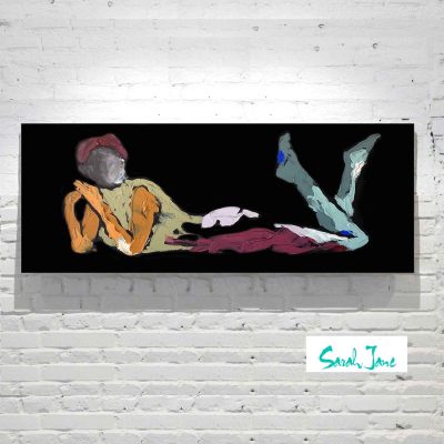 Black Canvas Painting Figurative - captivating woman lying down- vibrant colours - titled body bloom xiv - sarah jane artist