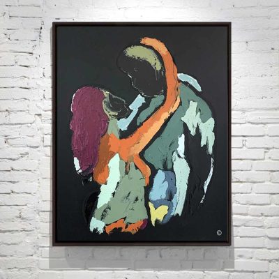 Black Canvas Painting Figurative Couple about to kiss colourful - Titled Body Bloom II By Sarah Jane Artist
