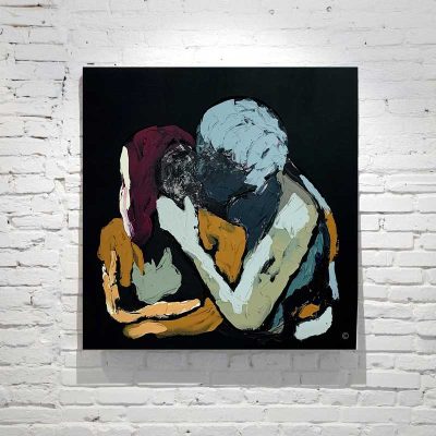 Black Canvas Painting Figurative - couple kissing - colourful - titled body bloom iv - sarah jane artist