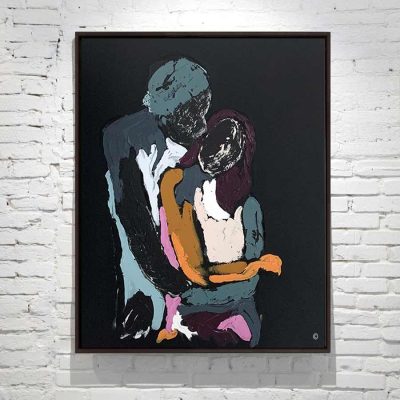 Black Canvas Painting Figurative - man holding woman - colourful - Titled Body Bloom III - Artist Sarah Jane