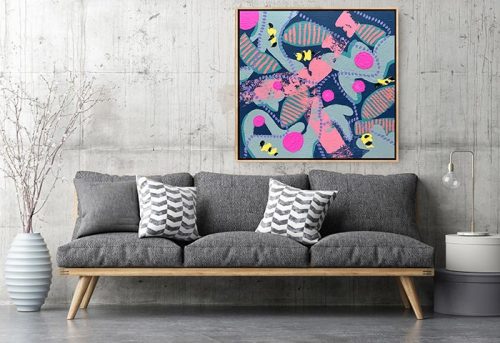 Colourful Abstract Botanical Painting on wall of Contemporary Living Room