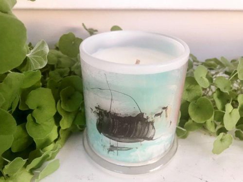 Designer Candles Australia By Sarah Jane Artist with blue abstract artwork On the Move VIc