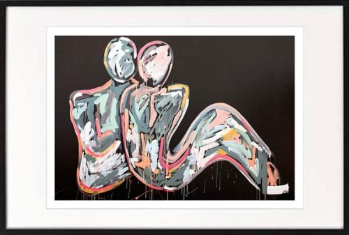 fine art print modern abstract figurative couple colourful by sarah jane artist titled lovers crush i in black frame