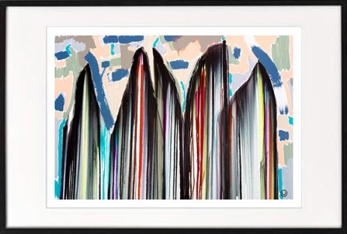 Fine-Art-Print-Modern-Abstract-surf-boards-on-beach---Sarah-Jane-Artist---Surfs-Up-I---Black-frame