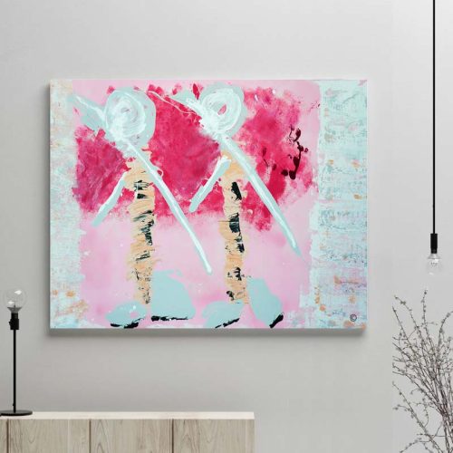 glass art print by sarah jane artist - modern abstract artwork in pink with people wandering through the outback of australia titled wanderers i