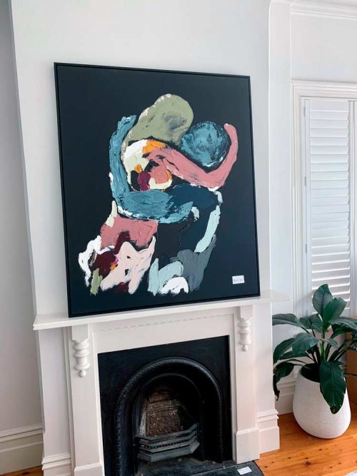 Large contemporary painting lovers kissing - in styled room - body bloom ix by sarah jane