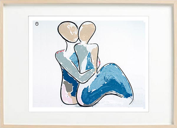 modern abstract figurative fine art print couple embracing - sarah jane art titled bodyline iii in a birch effect frame