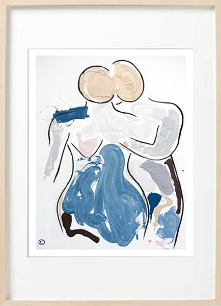 modern abstract figurative fine art print couple man hugging woman - sarah jane art titled bodyline vii in birch effect frame