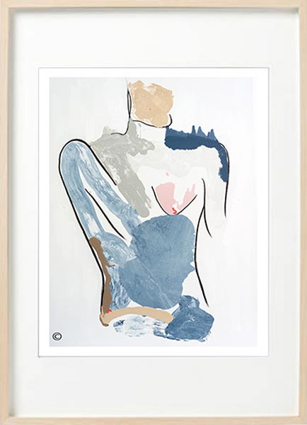 modern abstract figurative fine art print of a woman model - sarah jane art titled bodyline i in a birch effect frame