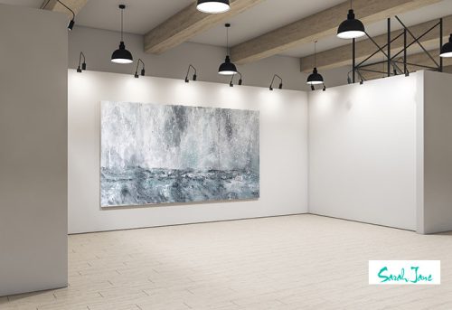 modern art gallery displaying huge ocean painting titled storm by artist sarah jane from adelaide