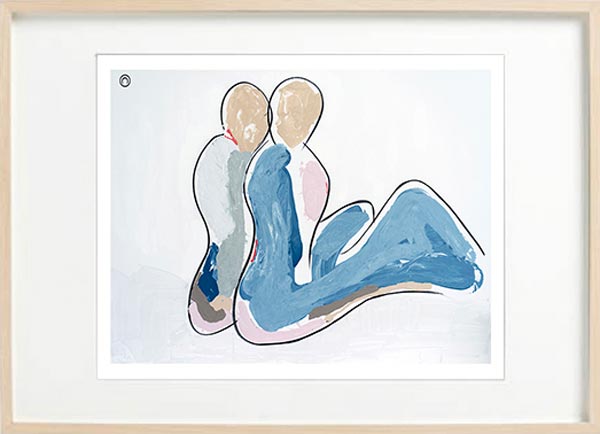 modern figurative fine art print of a couple sitting - sarah jane art titled bodyline ii in a birch effect frame