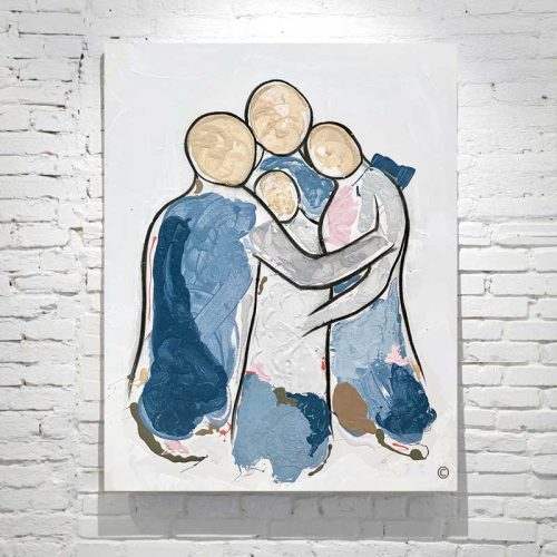 Modern Figurative Painting Family of four hugging in circle - Titled Bodyline XIV - South AUstralian Artist Sarah Jane