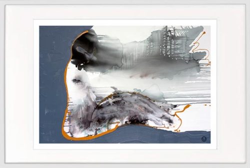 modern print abstract grey navy by sarah jane artist titled wind of change i in a white frame