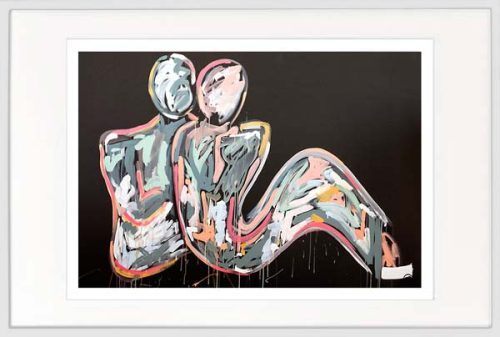 modern print couple bright colours by sarah jane artist titled lovers crush i in a white frame