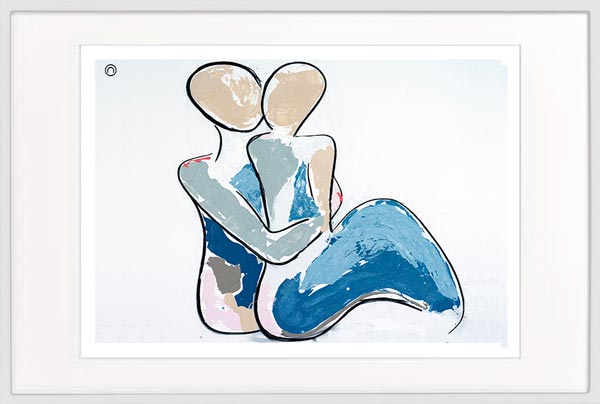 modern print couple sitting hugging by sarah jane artist titled bodyline iii in a white frame