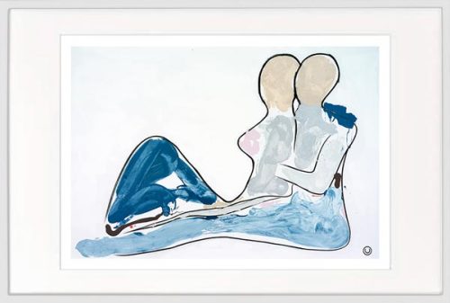 modern print loving couple sitting hugging by sarah jane artist titled bodyline x in white frame