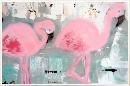 Print on Glass with Contemporary Art of flamingos By Australian Artist Sarah Jane with Thin White Border - On the Move II