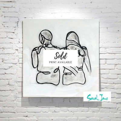 sarah jane paintings sold - linear x - line art couple arm in arm - black and white
