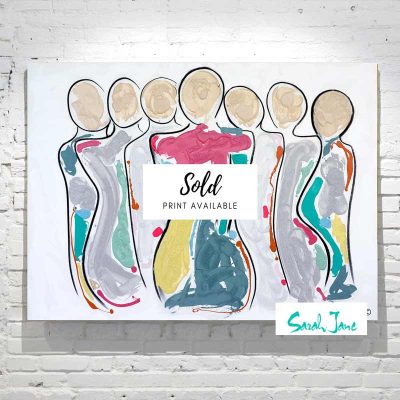 Sarah-Jane-Paintings-sold---bodyline-bold-ii-painting-energetic-figurative-abstract-people-with-central-woman---bright colours