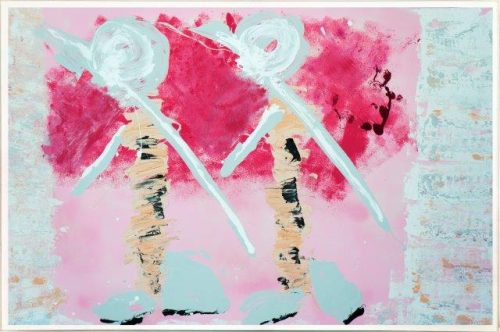 Soft pink Print on Glass with Contemporary Art of people By Australian Artist Sarah Jane with Thin White Border - Wanderers I