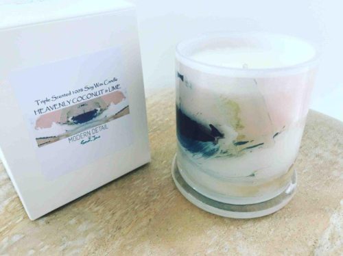 Soy Candle with soft pink and beige artwork By Artist Sarah Jane - Beautiful Soul VII