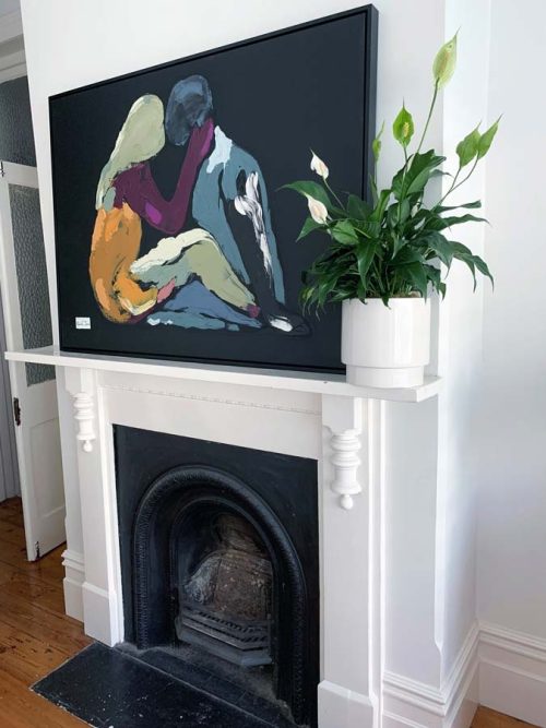 abstract figurative painting - couple kissing sitting - body bloom vii - australian artist sarah jane