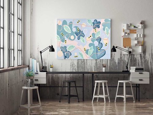 beautiful workspace - pollination v painting - abstract flowers and bees - sarah jane artist