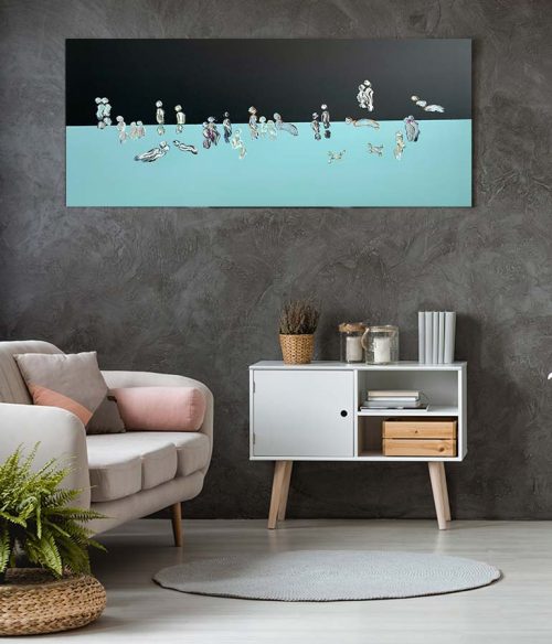 casual living room - aqua and black abstract painting - we are one viii - sarah jane artist