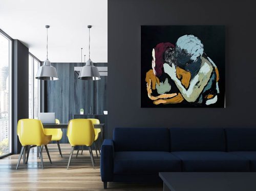 contemporary living room - black canvas painting couple kissing on wall - body bloom iv - australian artist sarah jane