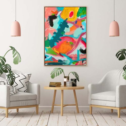contemporary living room with happy abstract painting nature on wall