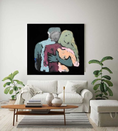 contemporary living room - loving story painting - man holding woman - body bloom xv - sarah jane artist