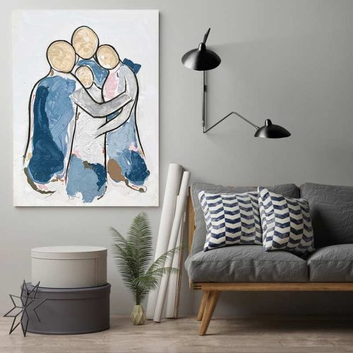 contemporary living room - modern figurative painting family of four hugging - bodyline xiv - sarah jane adelaide artist