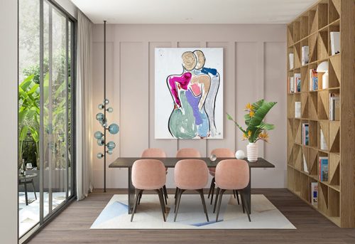 cosy-dining-room---happy-couple-painting-colourful-modern-on-wall---titled-bodyline-bold-iv---sarah-jane-artist