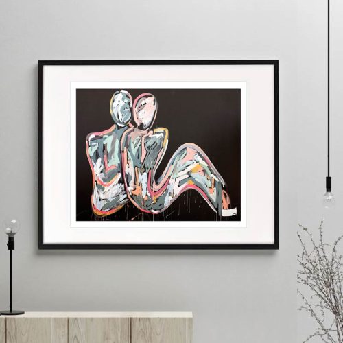 couple bright colours figurative print modern abstract titled lovers crush i by Australian Artist Sarah Jane framed or unframed