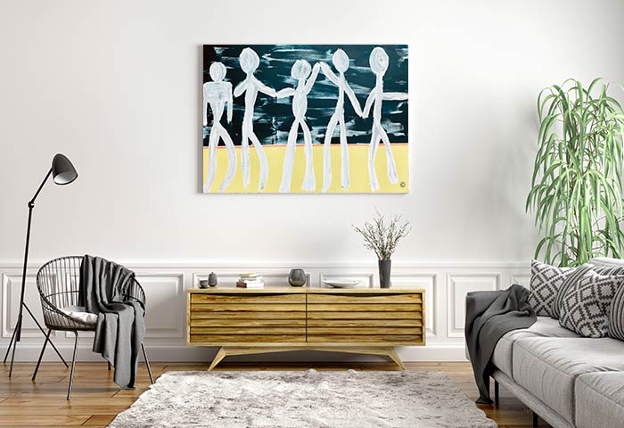 fresh lounge room with modern abstract people painting titled against the grain by sarah jane artist