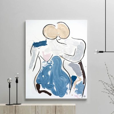 glass art print by sarah jane artist - figurative abstract artwork of a couple man cuddling woman titled bodyline vii