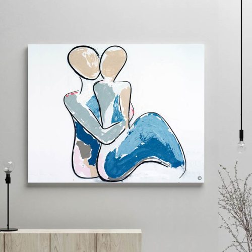glass art print by sarah jane artist - figurative artwork abstract loving couple sitting cuddling titled bodyline iii