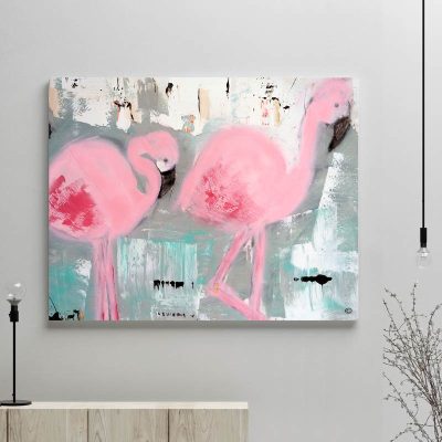 glass art print by sarah jane artist - flamingo artwork modern abstract titled on the move ii