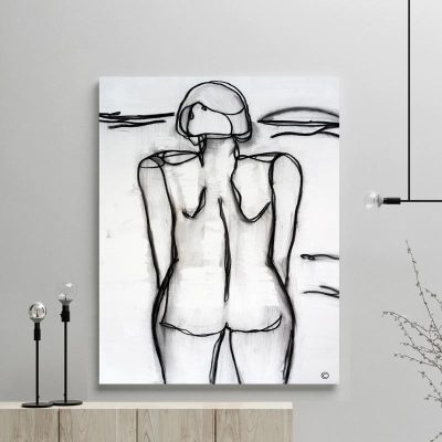 glass art print by sarah jane - line artwork of a woman at the beach in black and white titled linear iii