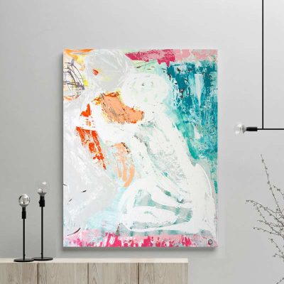 glass art print by sarah jane artist - colourful modern abstract artwork couple embracing titled reaching out i