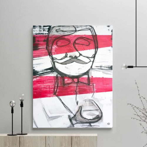 glass art print by sarah jane - modern abstract artwork gentleman drinking whiskey in black red and white title regal i