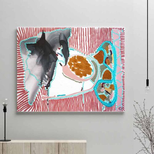 glass art print by sarah jane artist - modern abstract artwork using lines and dots of a colourful fish titled australiana i