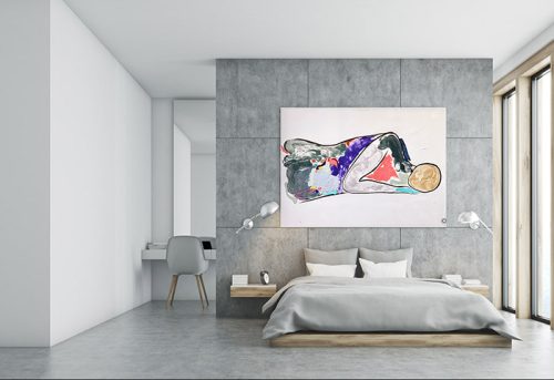 grey-styled-modern-bedroom---colourful-abstract-figurative-painting-on-wall---bodyline-bold-v---artist-sarah-jane