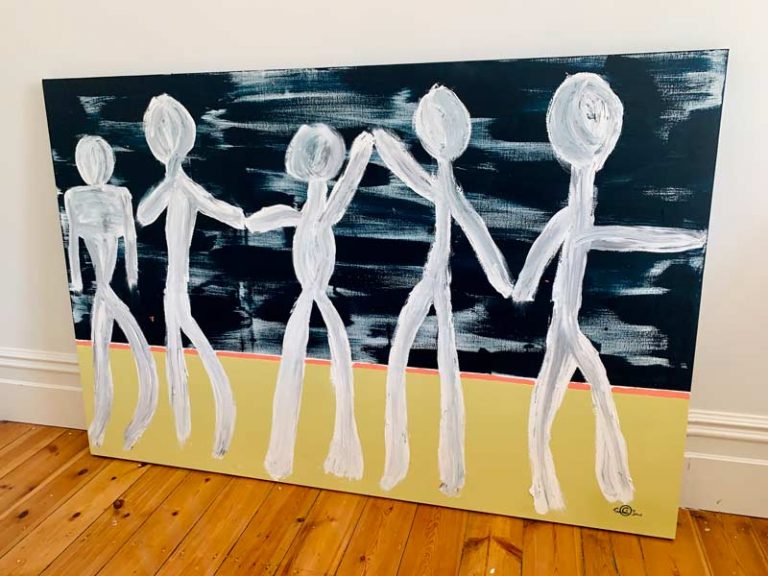 happy painting large figurative original painting navy background fresh lime yellow light grey people