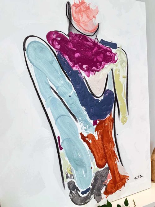 happy woman painting bright colours - bodyline bold ix - sarah jane art